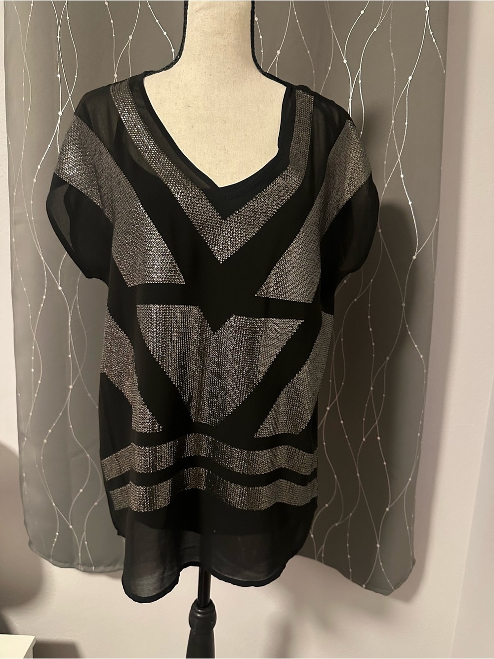 Design History Black Sheer Blouse with Silver Geometric Shine